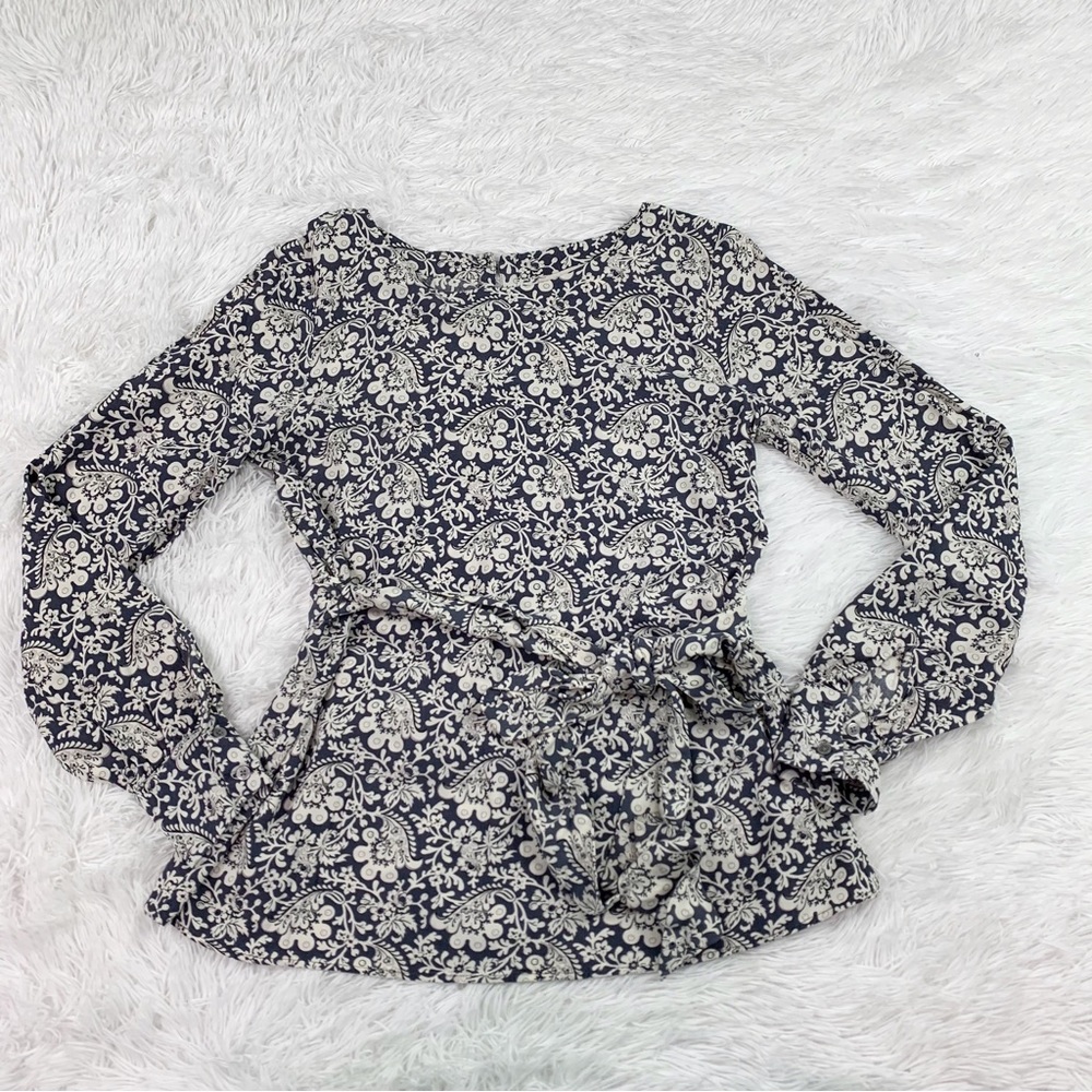 Loft long sleeve floral top blouse tie waist boat‎ neck